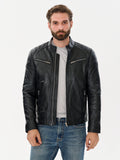 Men's Black Racer Leather Jacket — Genuine Sheepskin