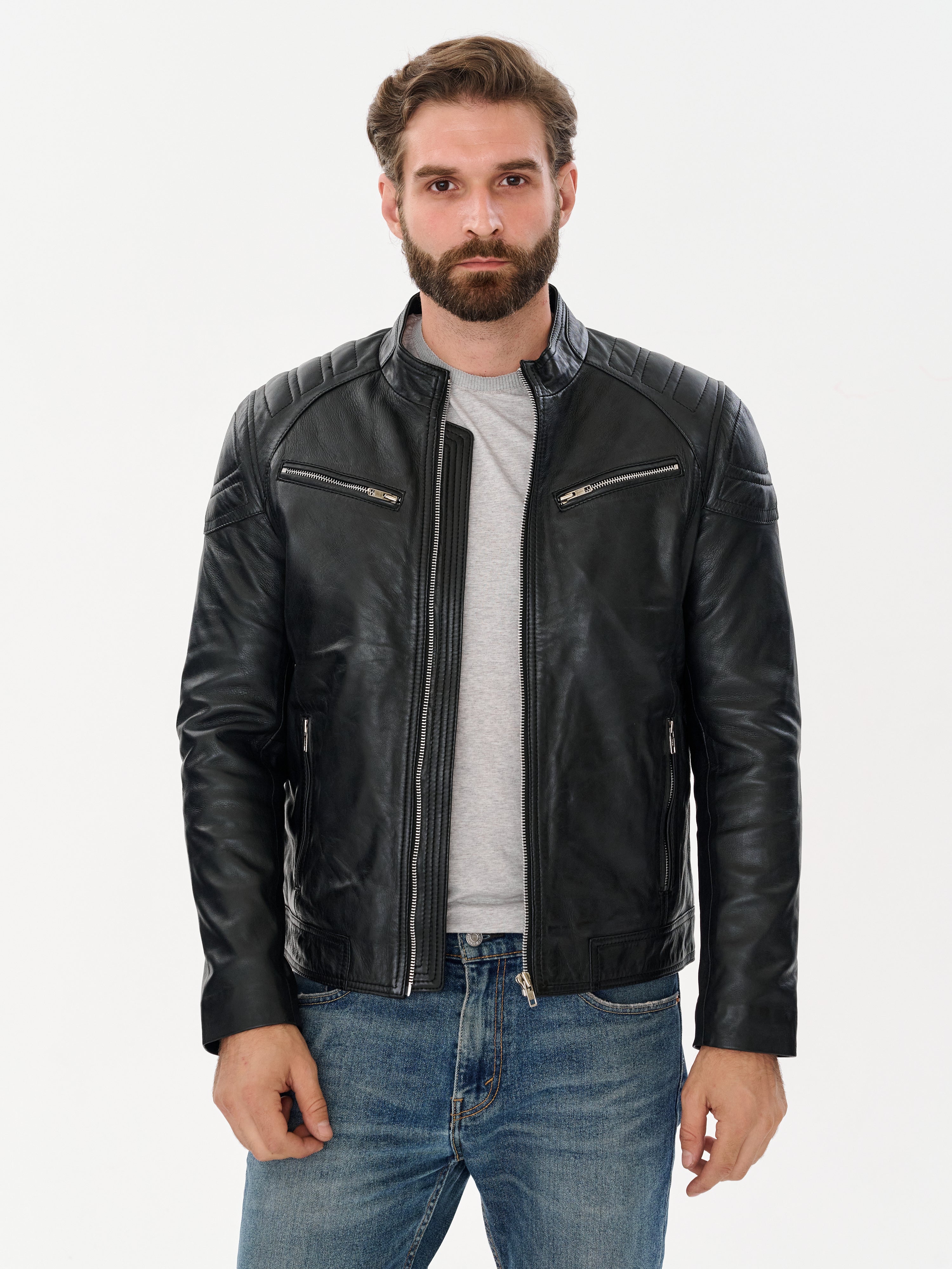 Men's Black Racer Leather Jacket — Genuine Sheepskin