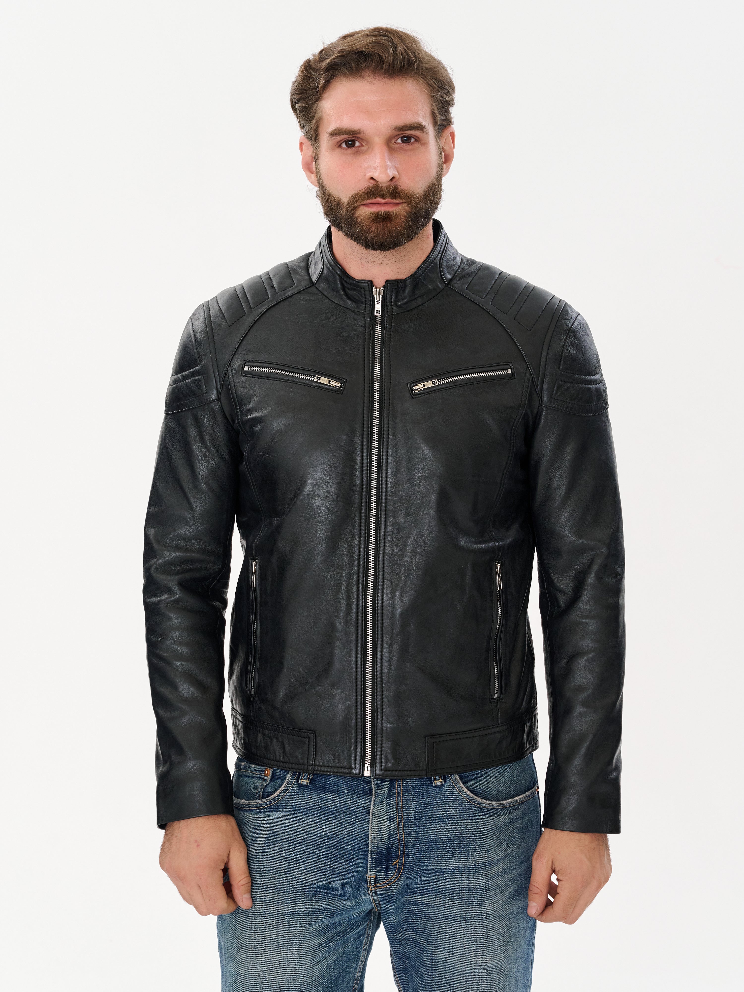 Men's Black Racer Leather Jacket — Genuine Sheepskin