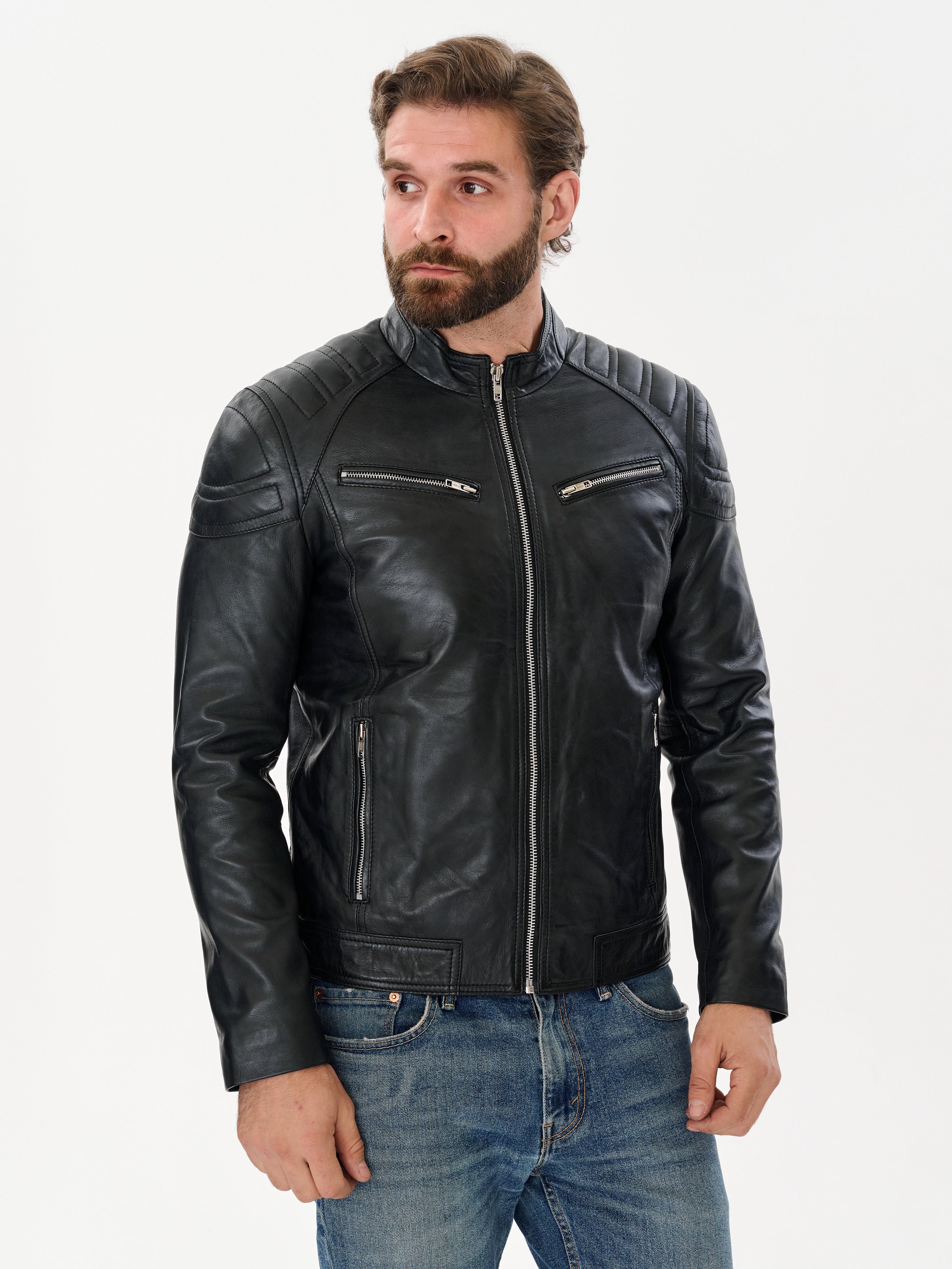 Men's Black Racer Leather Jacket — Genuine Sheepskin