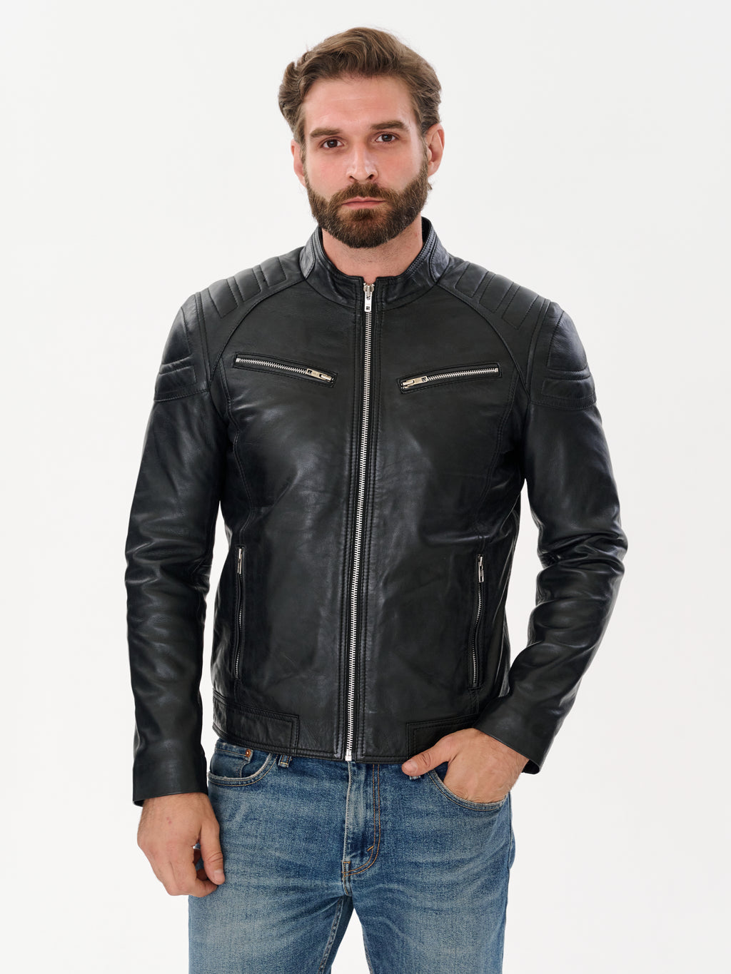 Men's Black Racer Leather Jacket — Genuine Sheepskin