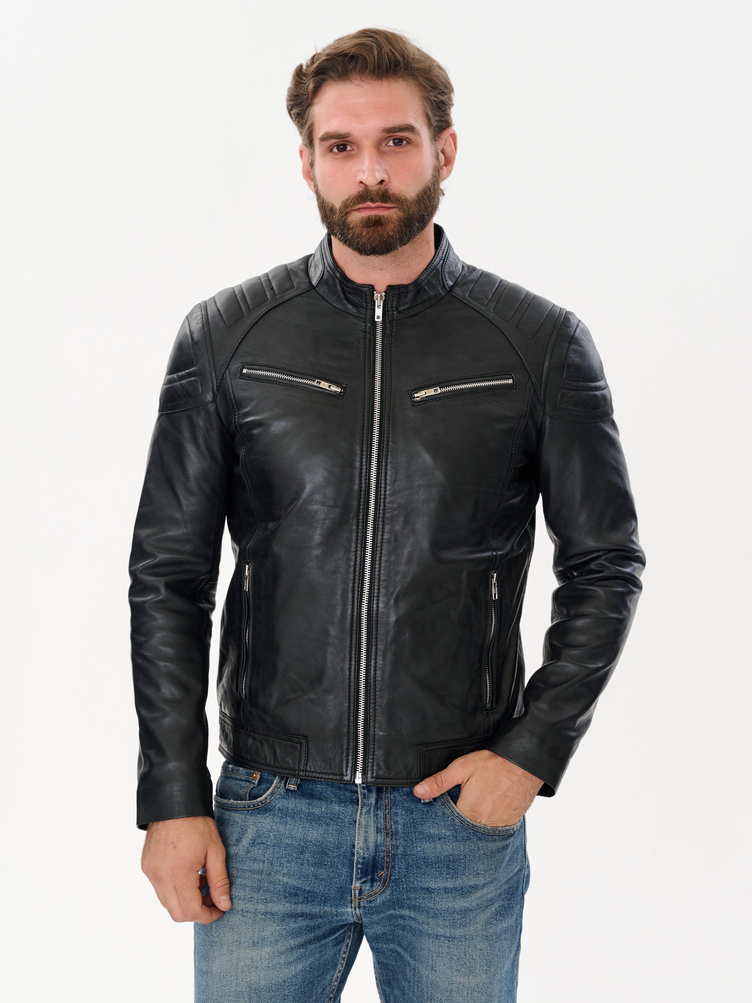Men's Black Racer Leather Jacket — Genuine Sheepskin