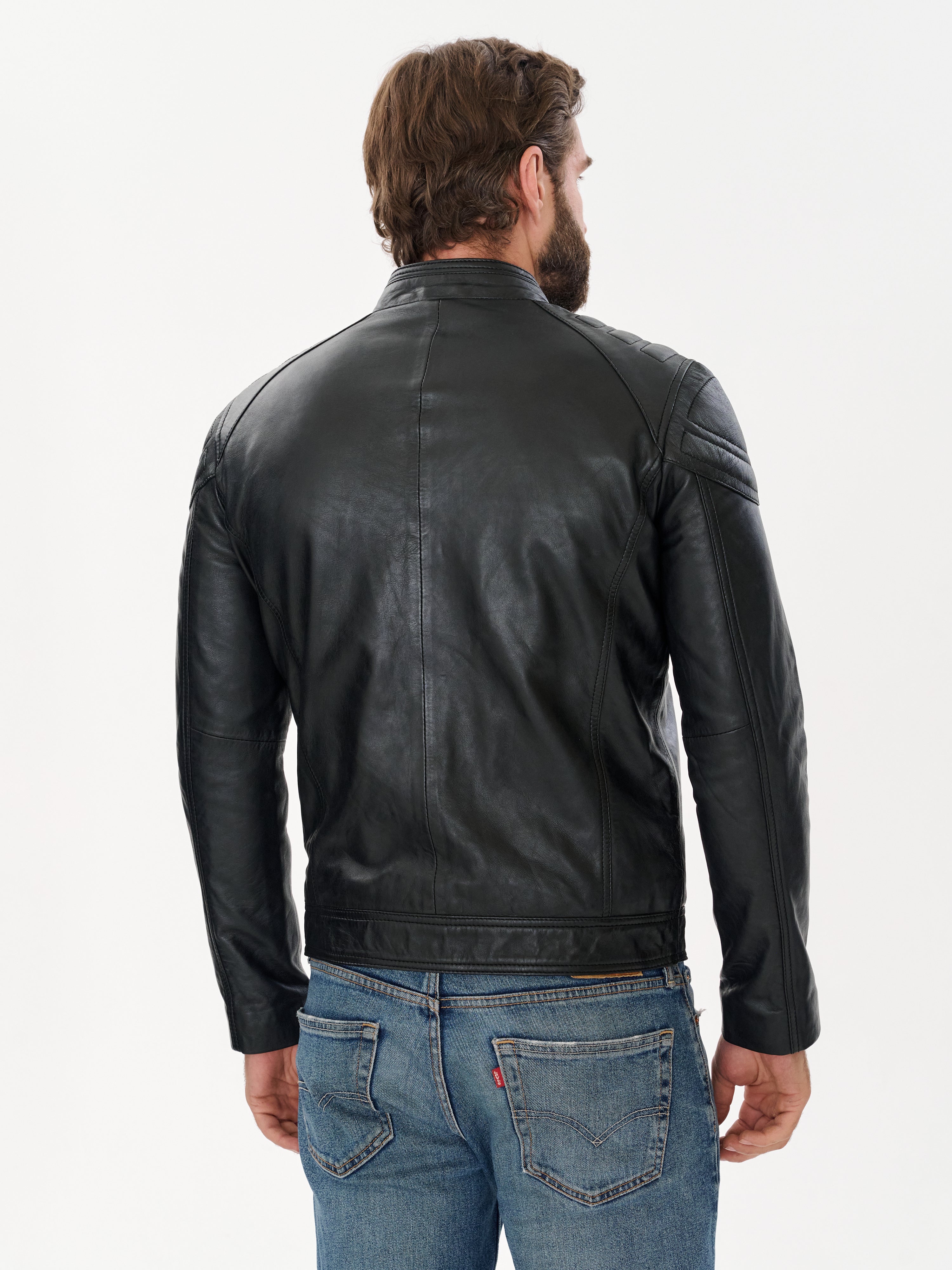 Men's Black Racer Leather Jacket — Genuine Sheepskin