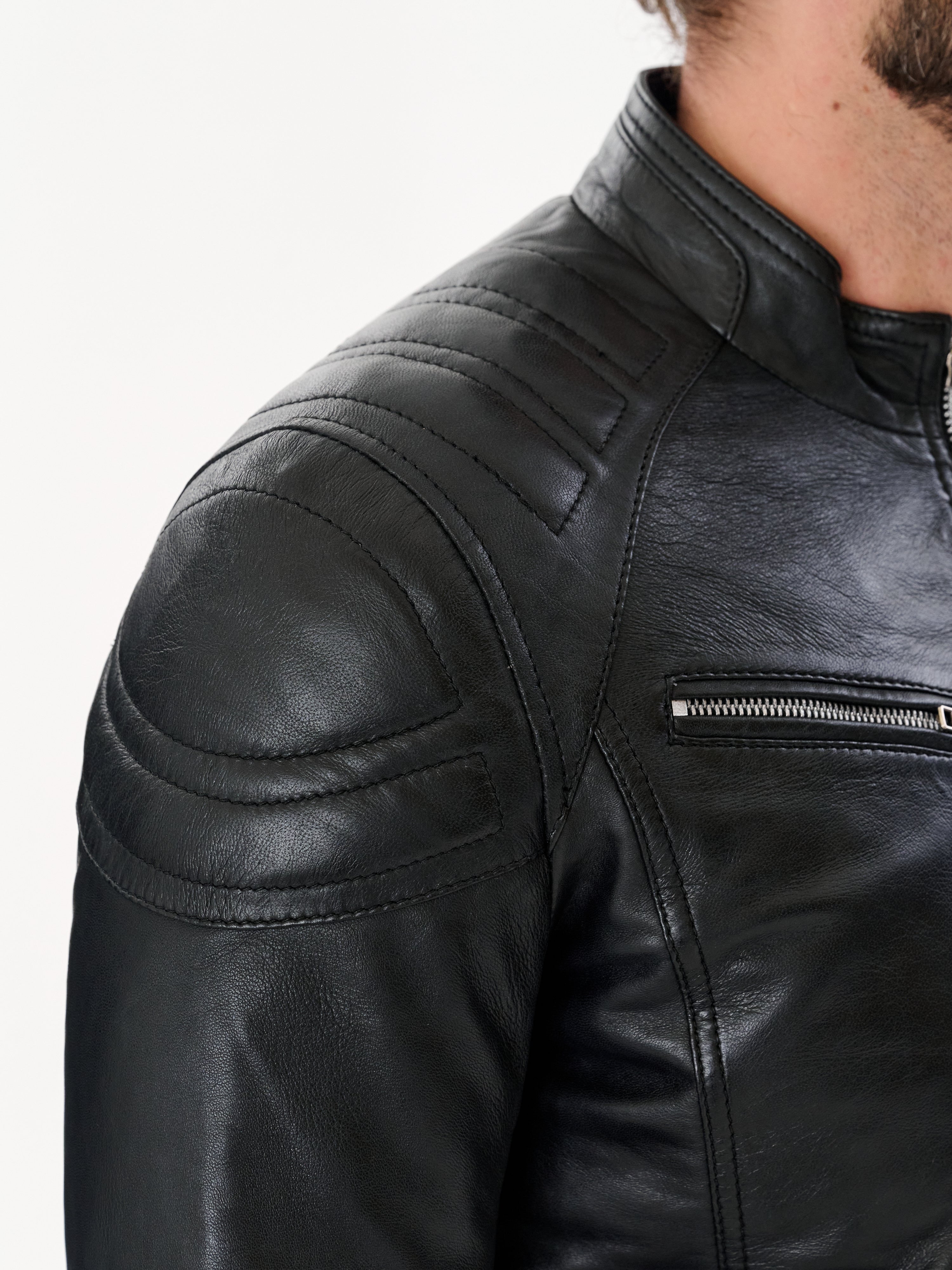 Men's Black Racer Leather Jacket — Genuine Sheepskin
