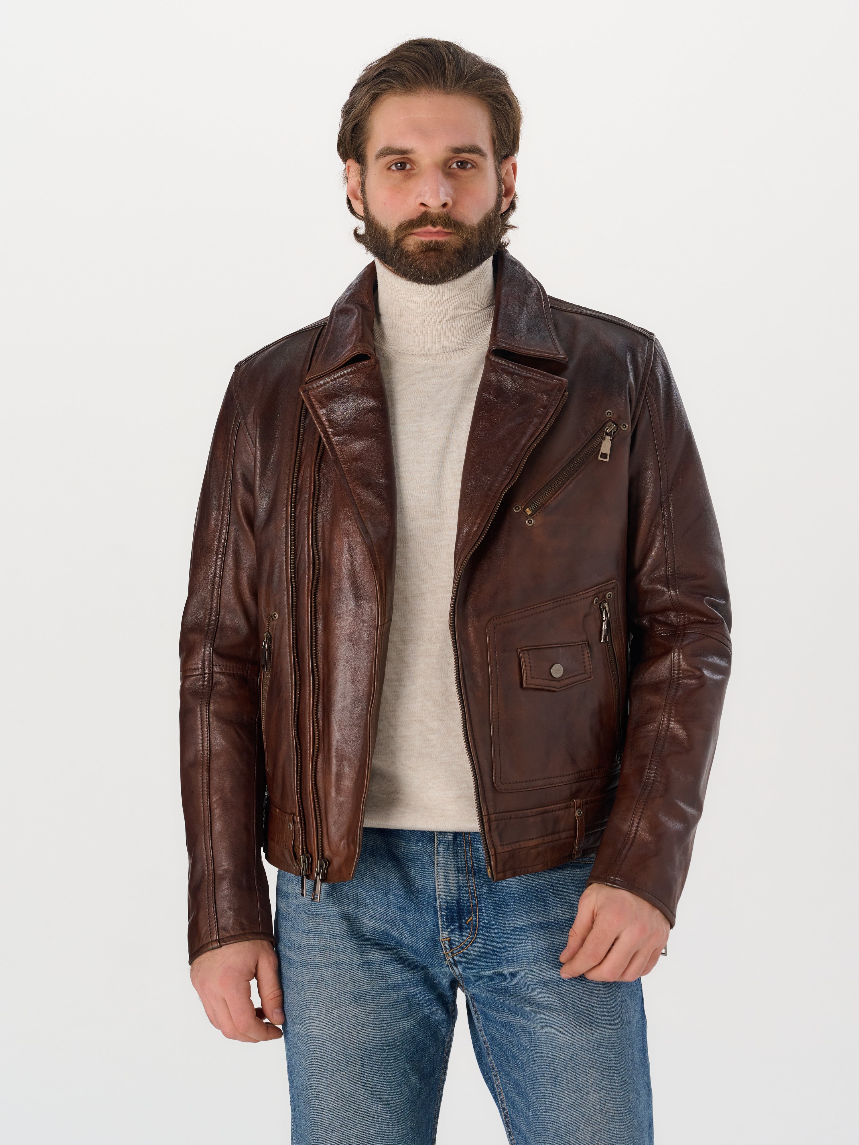 Men's Vintage Brown Biker Leather Jacket — Genuine Sheepskin