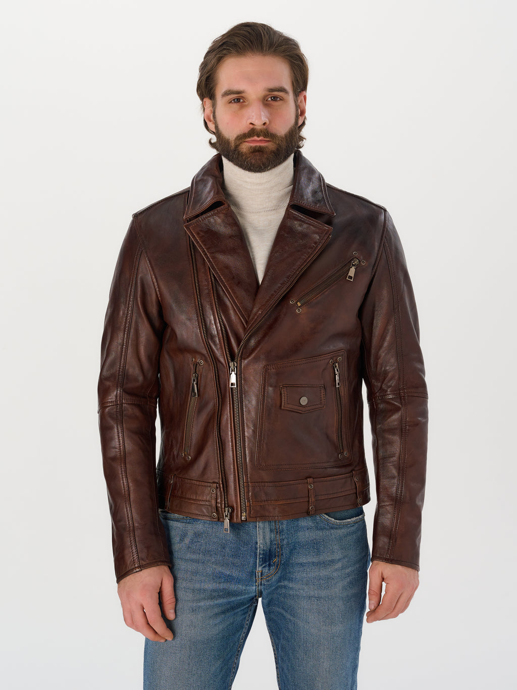 Men's Vintage Brown Biker Leather Jacket — Genuine Sheepskin