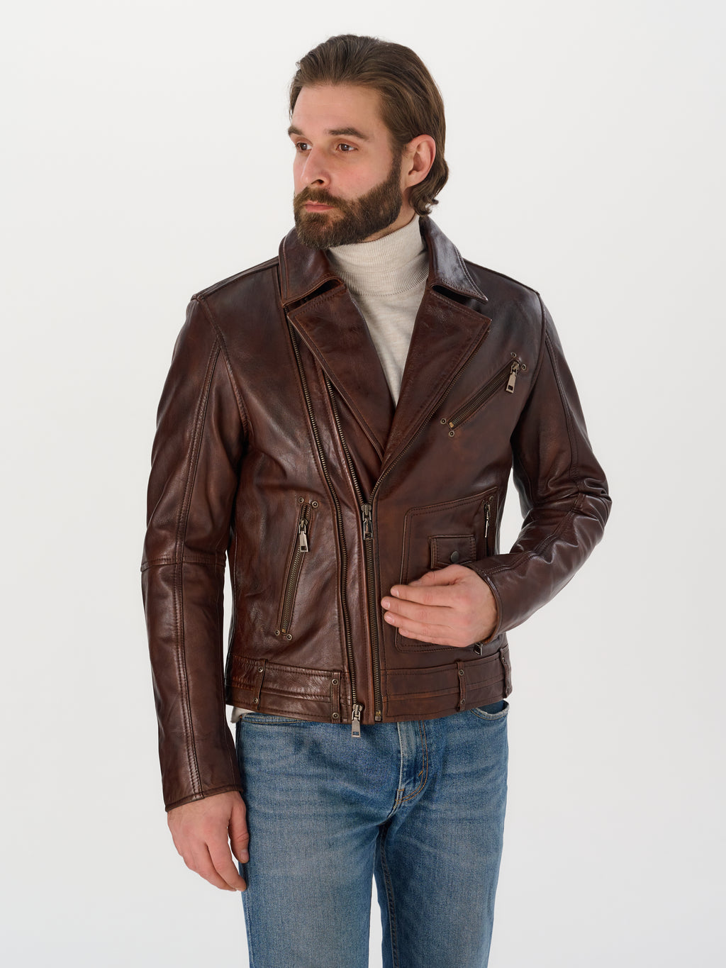 Men's Vintage Brown Biker Leather Jacket — Genuine Sheepskin