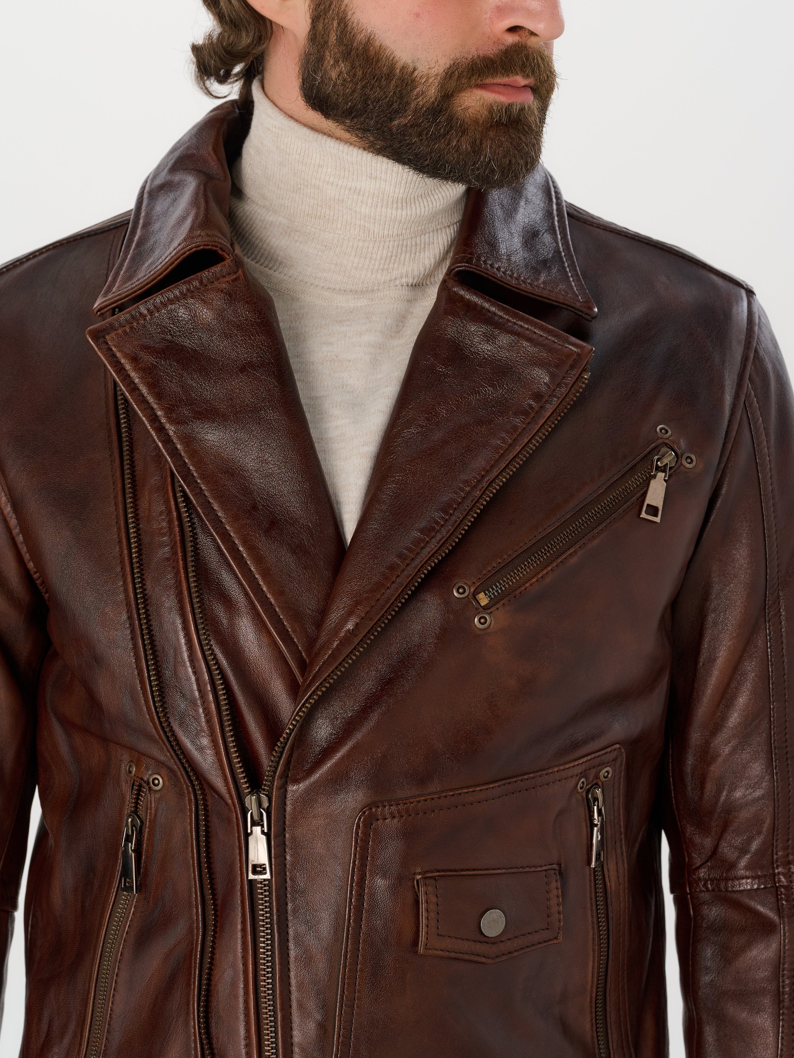 Men's Vintage Brown Biker Leather Jacket — Genuine Sheepskin