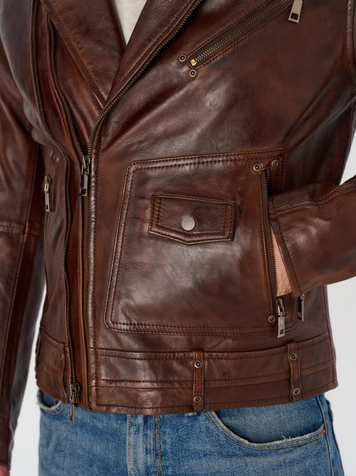 Men's Vintage Brown Biker Leather Jacket — Genuine Sheepskin