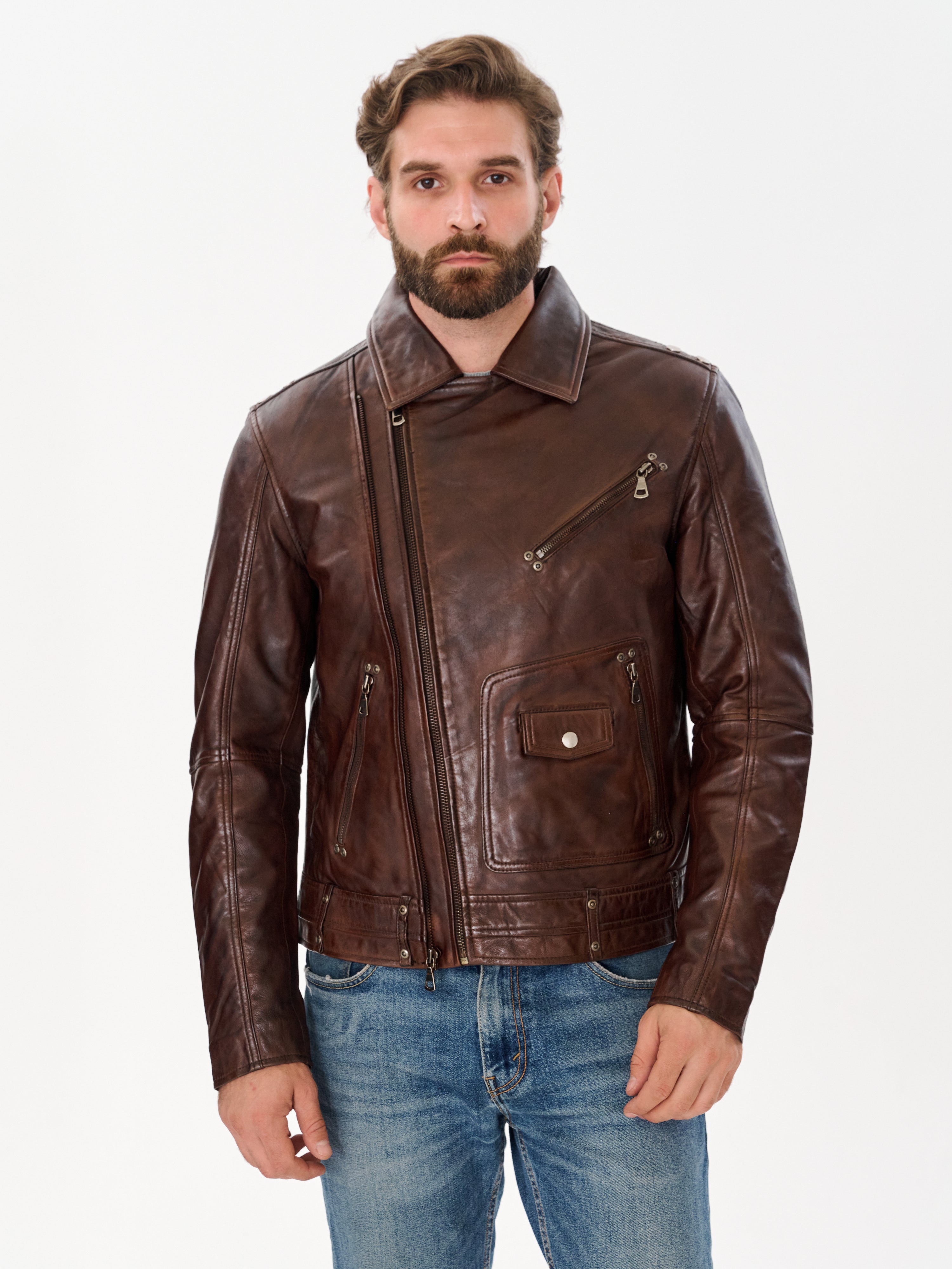 Men's Vintage Brown Biker Leather Jacket — Genuine Sheepskin