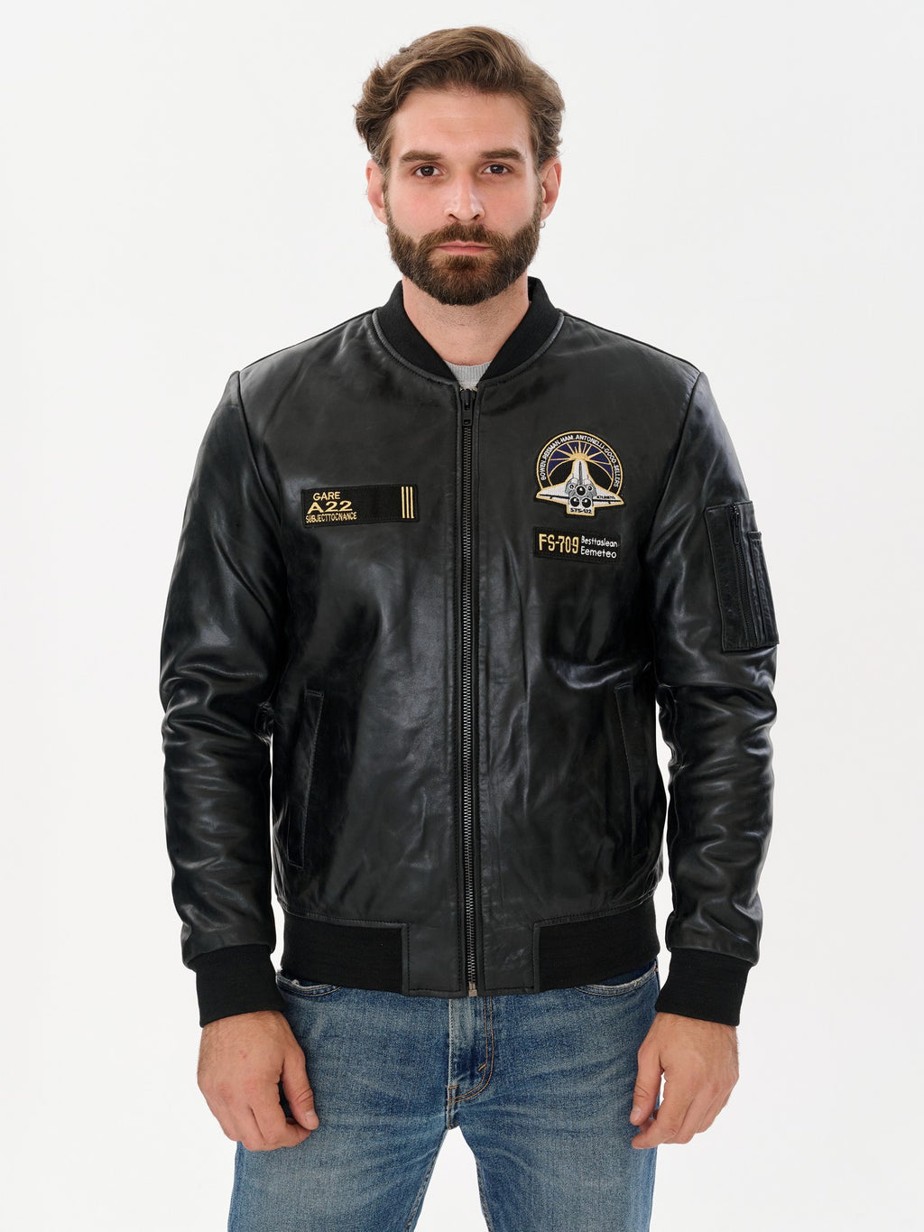 Men's aviation bomber black leather jacket front view – DM Legend

