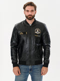 Men's aviation bomber black leather jacket front view – DM Legend
