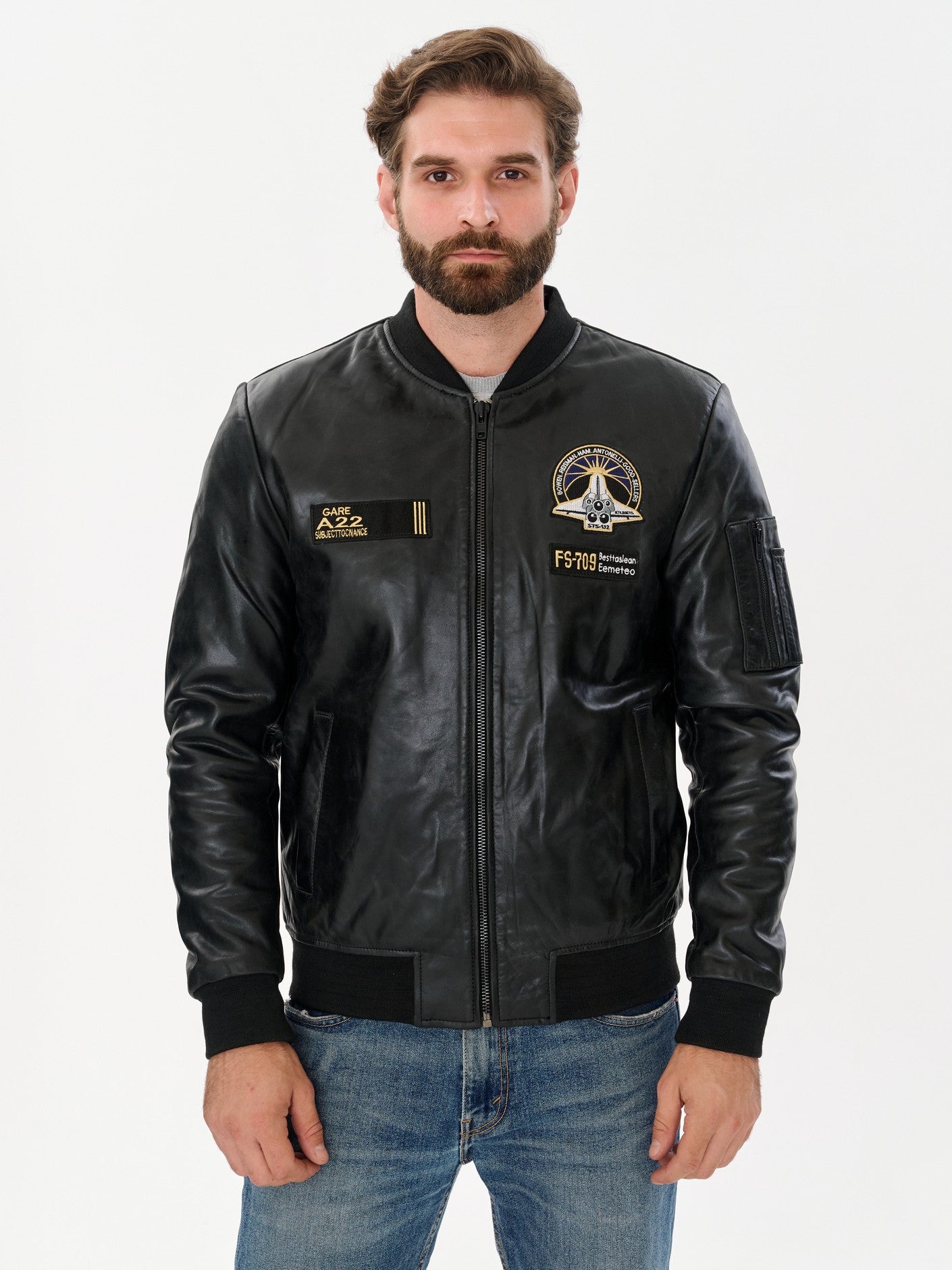 Men's aviation bomber black leather jacket front view – DM Legend
