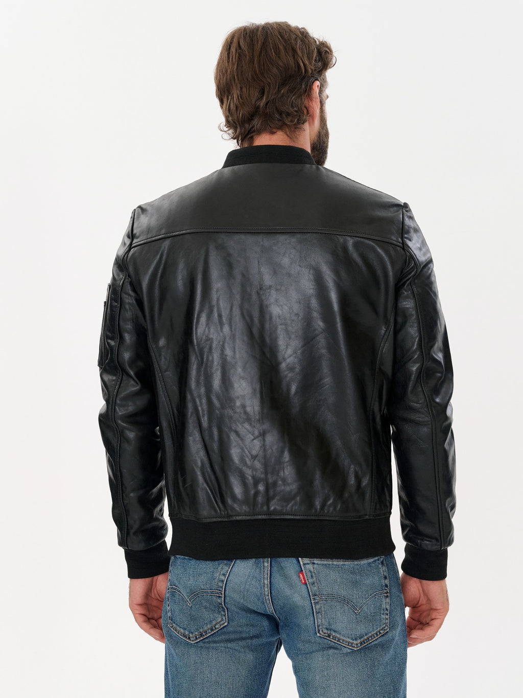 Men's aviation bomber black leather jacket back view – DM Legend
