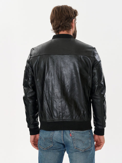 Men's aviation bomber black leather jacket back view – DM Legend
