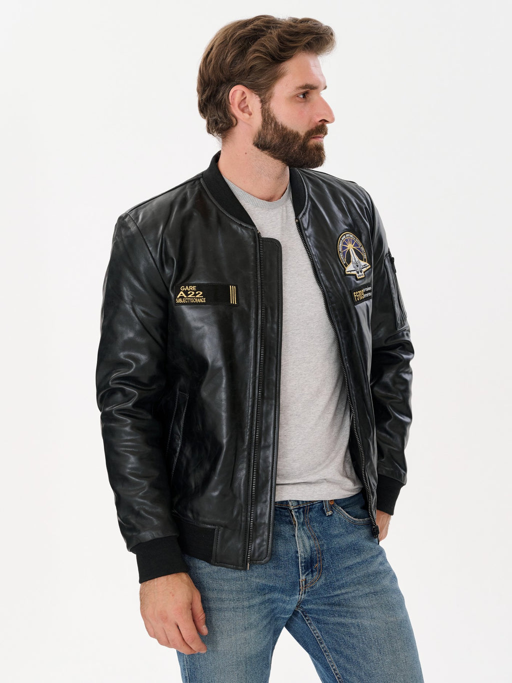 Men's aviation bomber black leather jacket open front view – DM Legend
