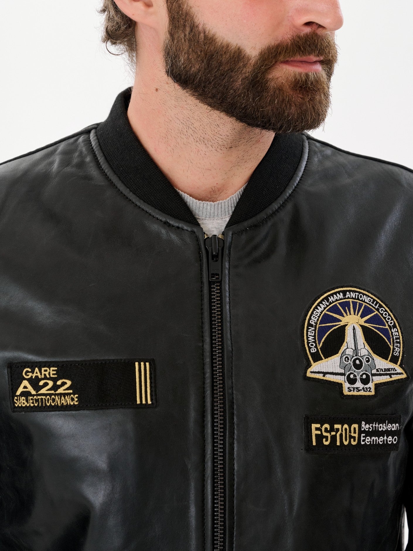 Aviation bomber jacket embroidered patch and collar detail – DM Legend
