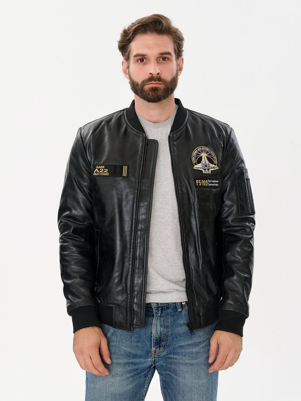 Man wearing DM Legend aviation bomber black leather jacket front – DM Legend
