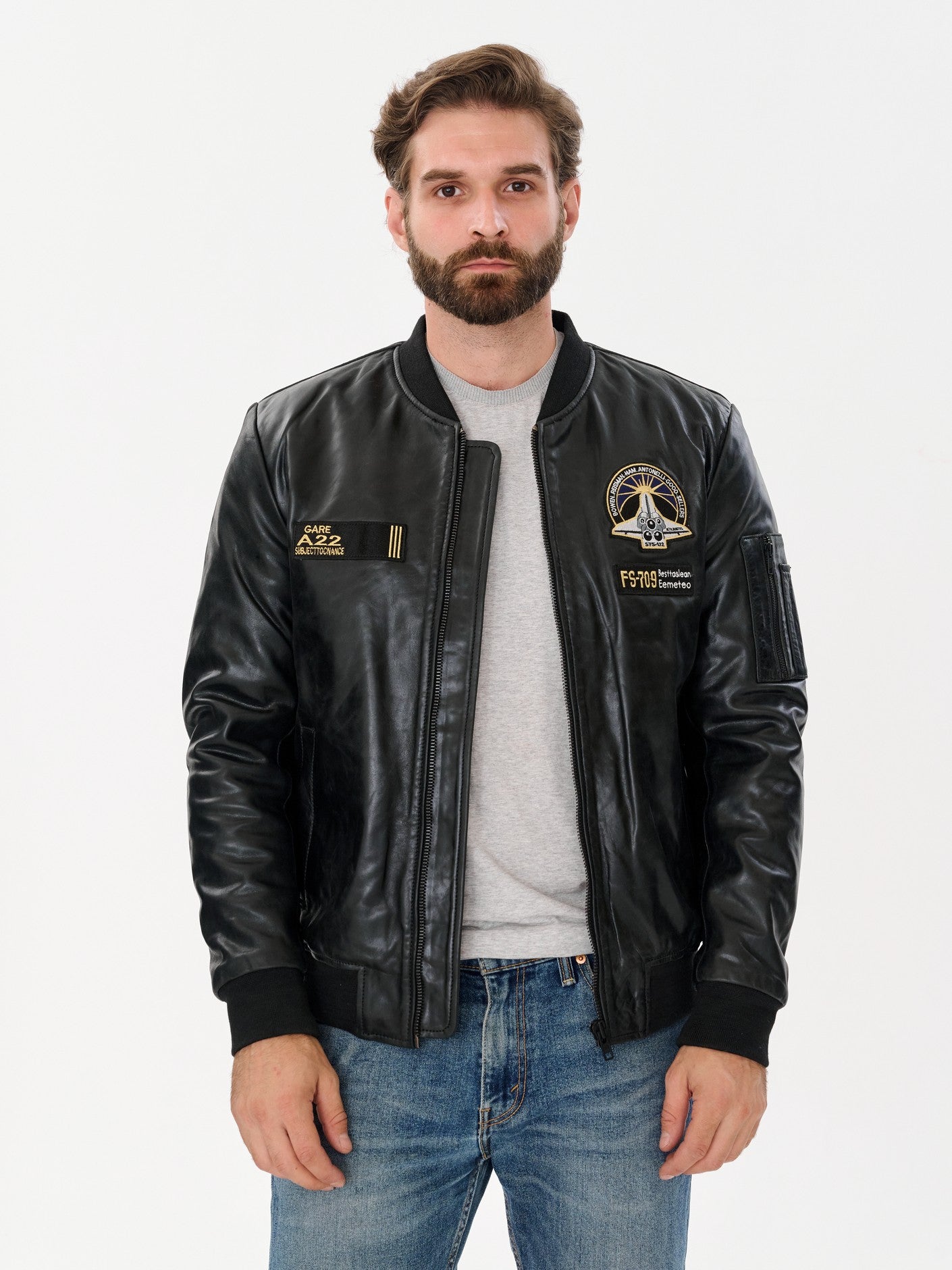 Man wearing DM Legend aviation bomber black leather jacket front – DM Legend
