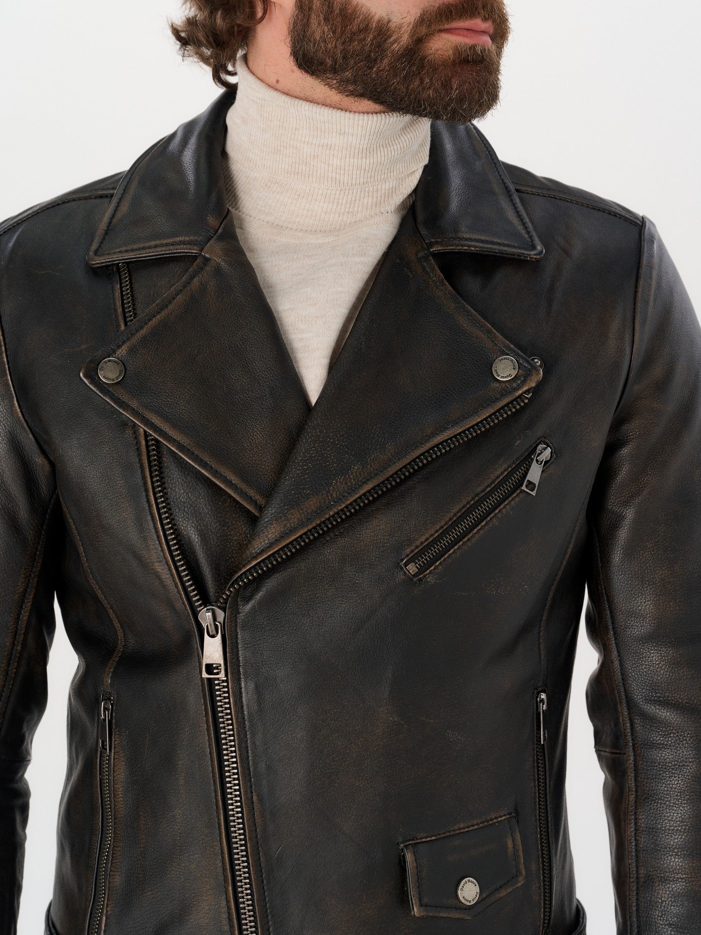 Black vintage biker jacket collar and asymmetric zip detail – DM Legend