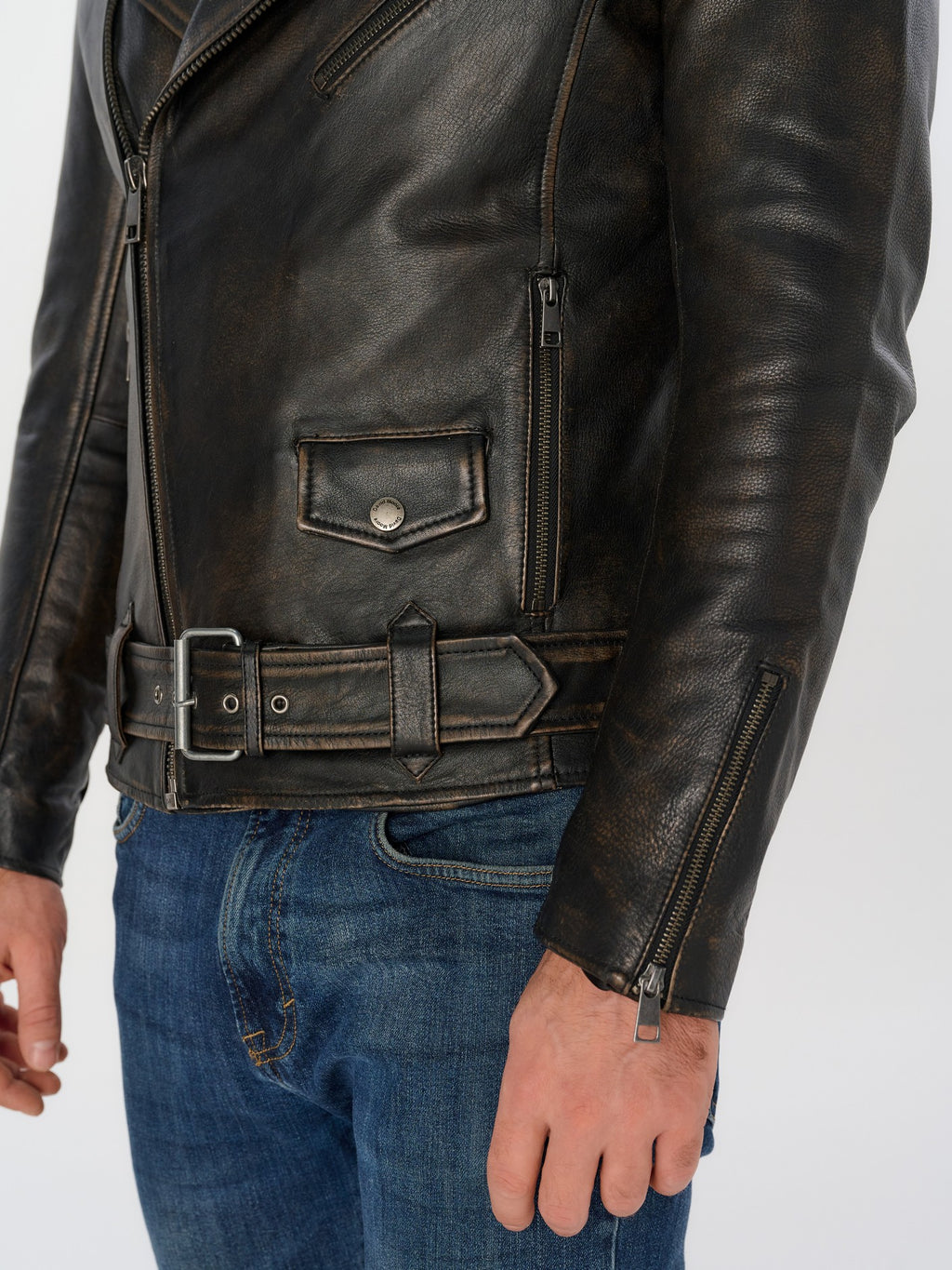 Black vintage biker jacket belt and pocket detail – DM Legend