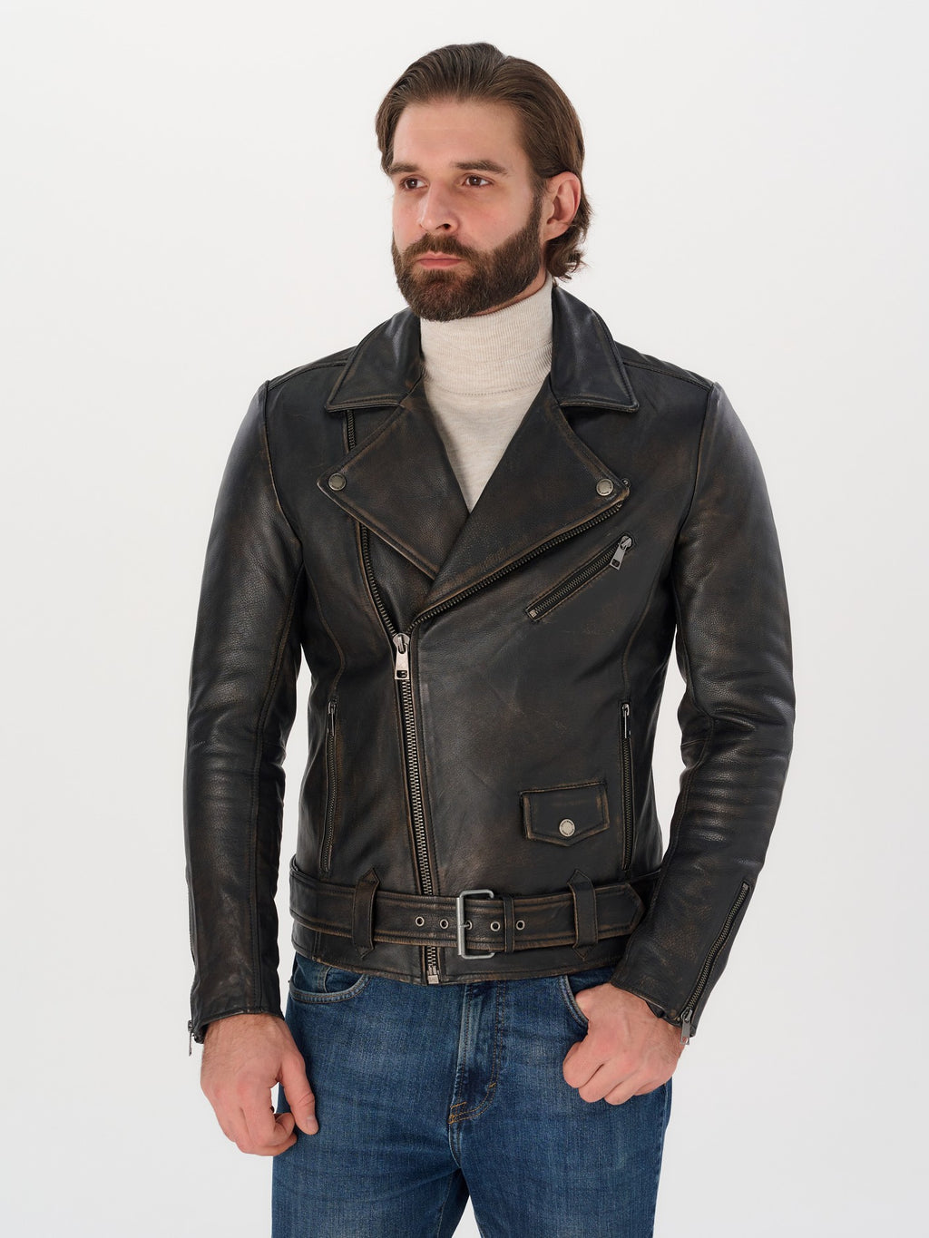 Men's belted biker black vintage leather jacket front view – DM Legend