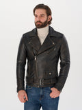 Men's belted biker black vintage leather jacket front view – DM Legend