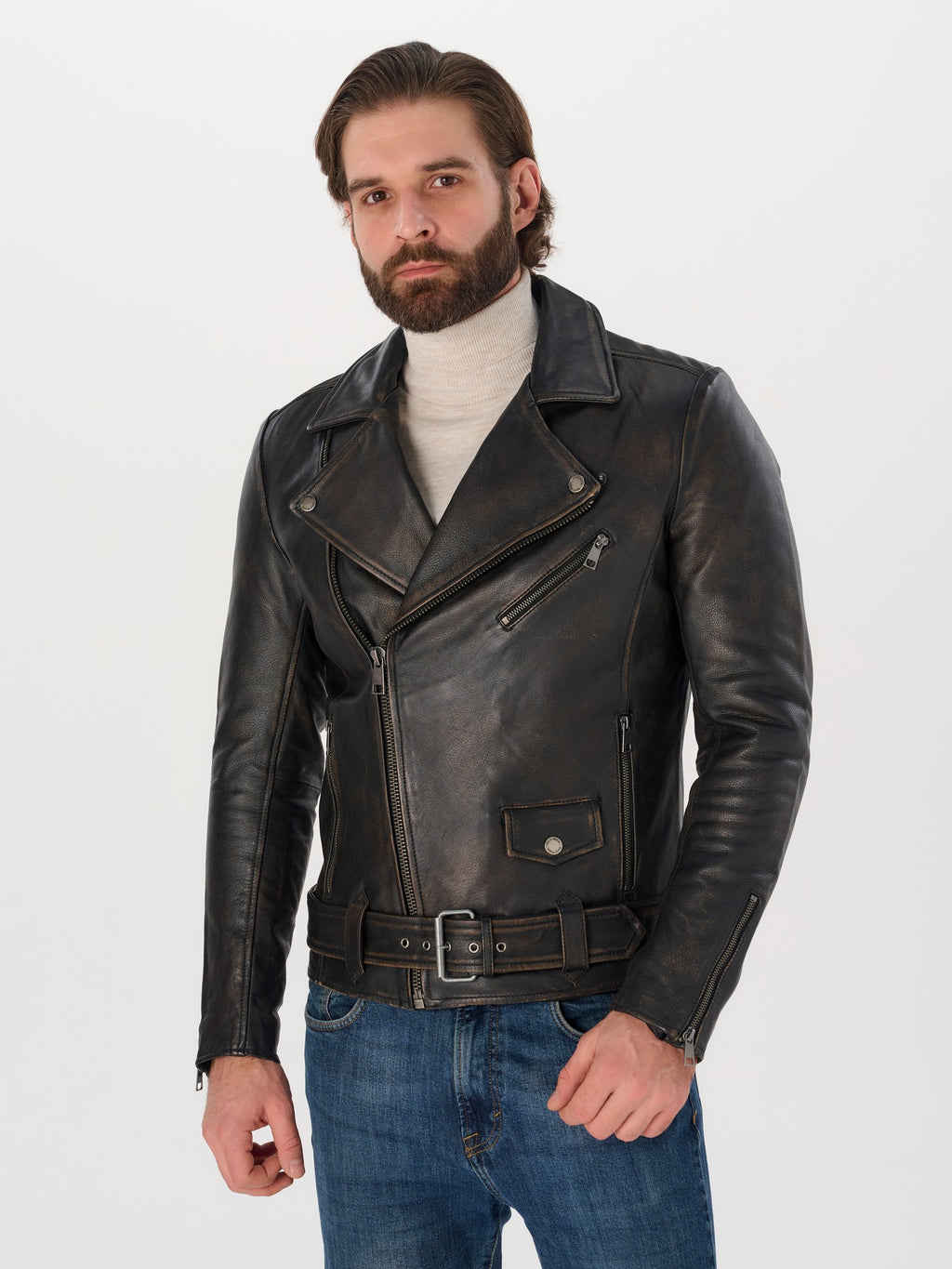 Man wearing DM Legend black vintage belted biker jacket 3/4 view – DM Legend

