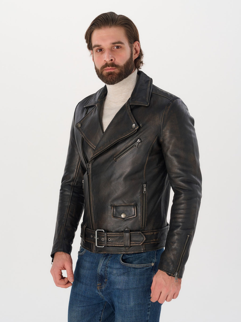 Man wearing DM Legend black vintage belted biker jacket side view – DM Legend
