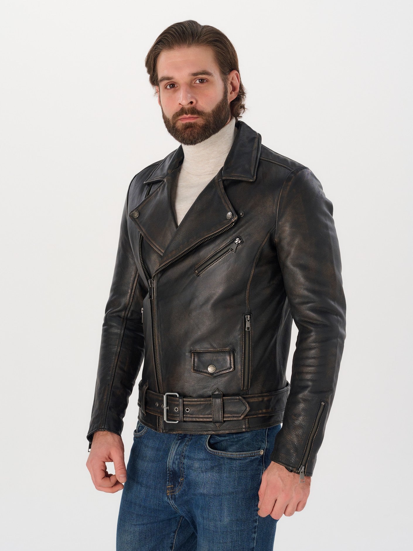 Man wearing DM Legend black vintage belted biker jacket side view – DM Legend
