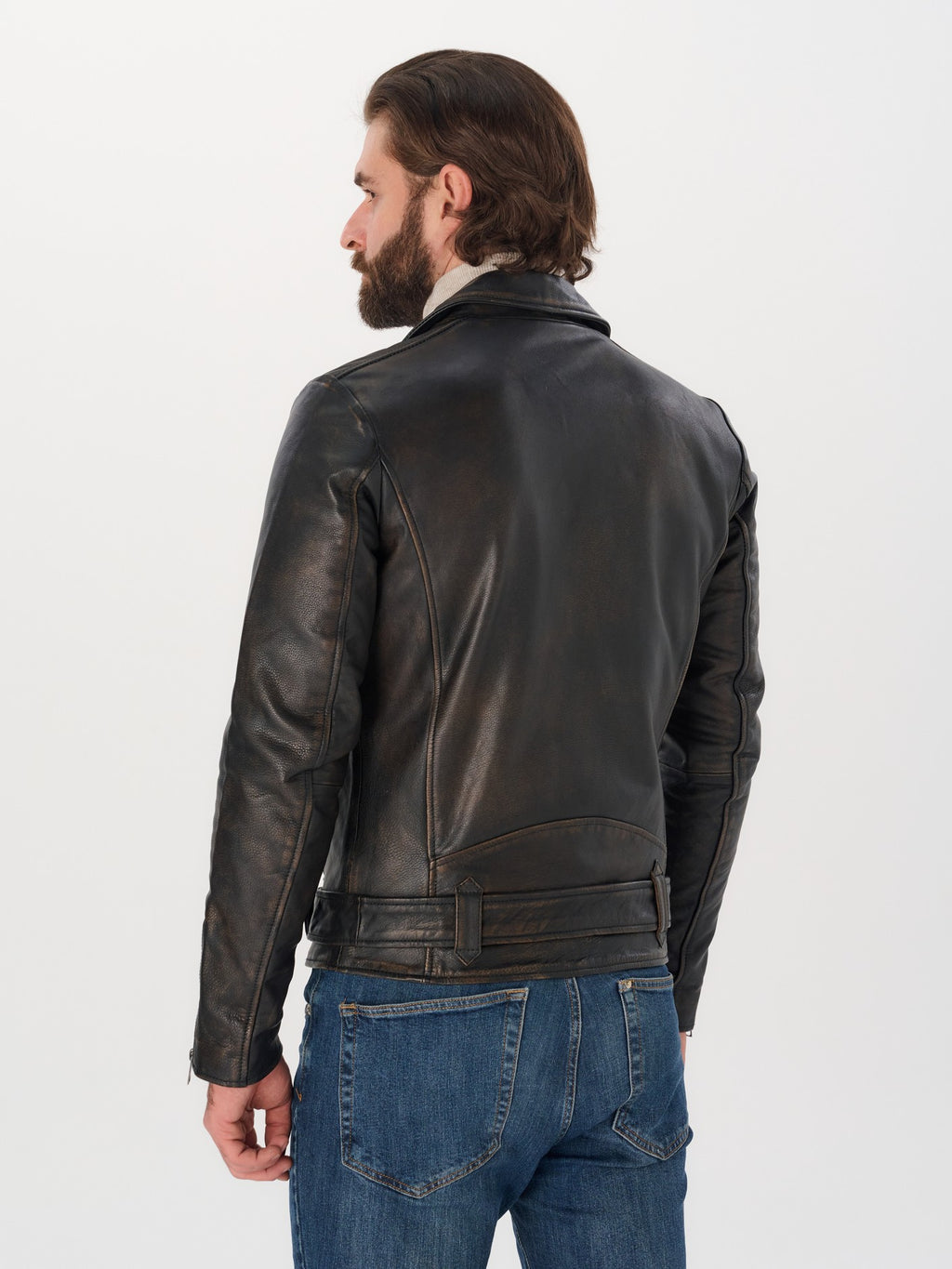 Men's belted biker black vintage leather jacket back view – DM Legend