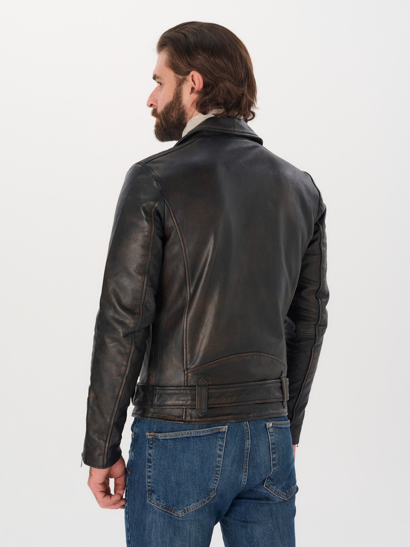 Men's belted biker black vintage leather jacket back view – DM Legend