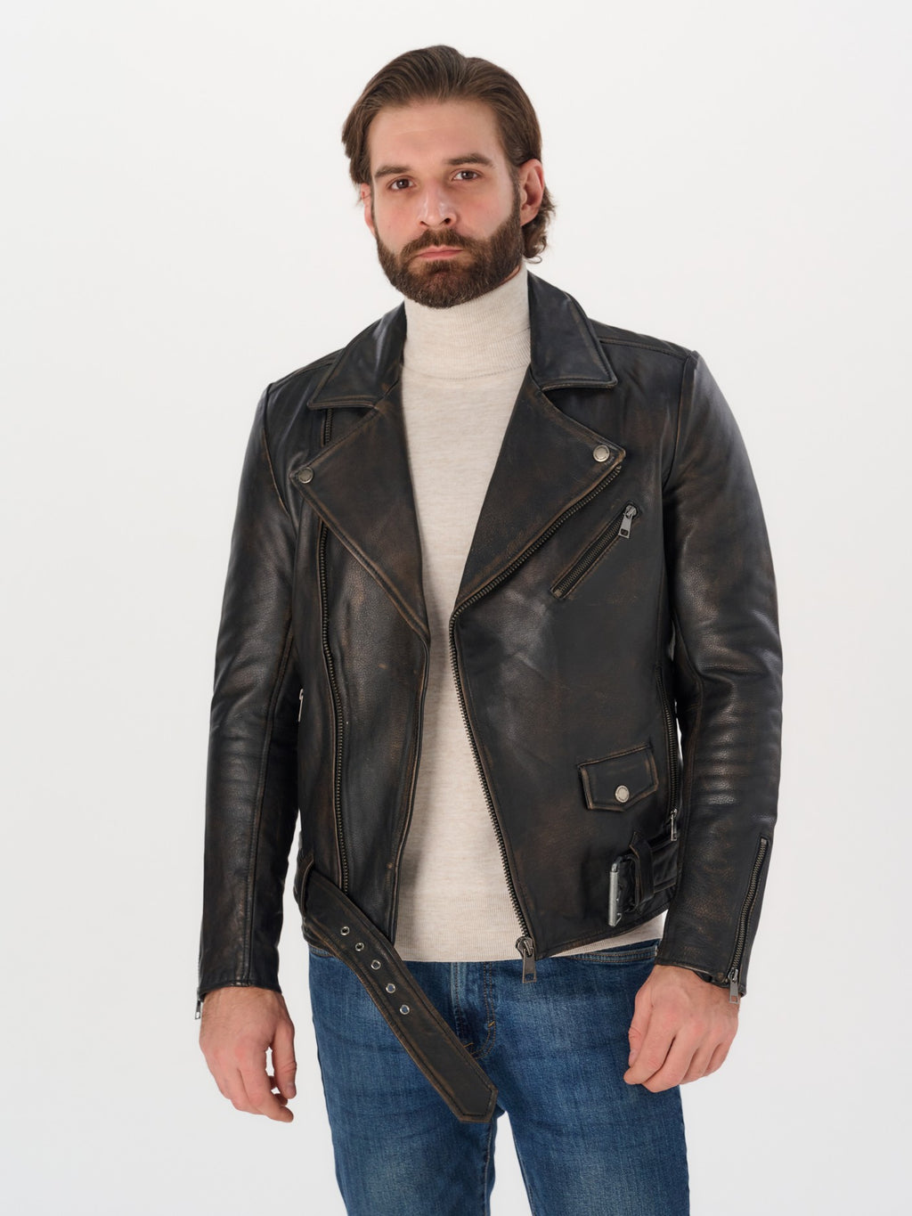 Man wearing DM Legend black vintage belted biker jacket front – DM Legend