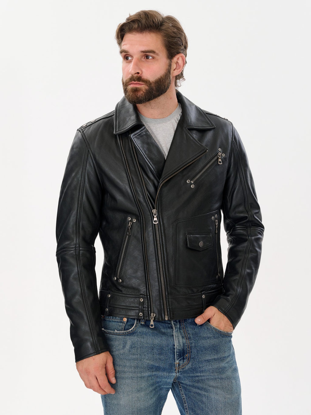 Men's black biker leather jacket lifestyle full view – DM Legend