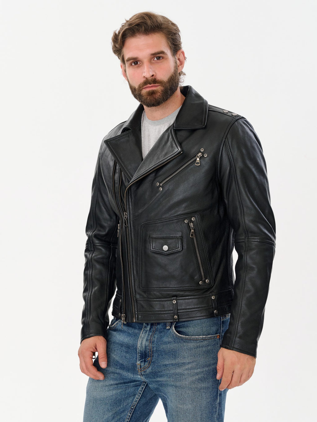 Men's black biker leather jacket lifestyle side view – DM Legend