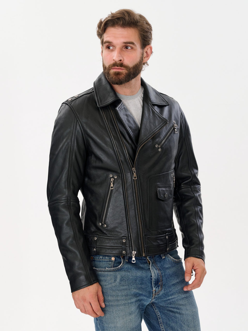 Men's biker black cow hide leather jacket side view – DM Legend
