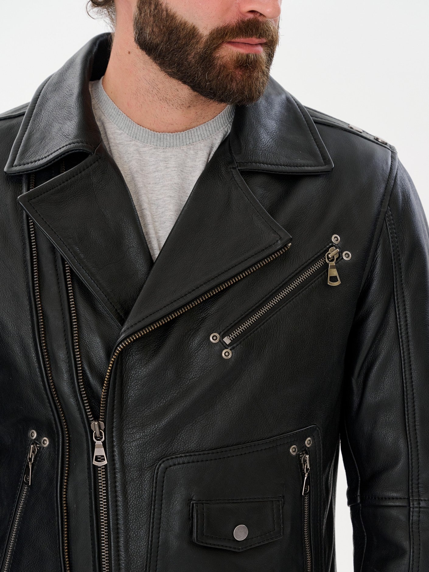 Black biker jacket collar and asymmetric zip detail – DM Legend