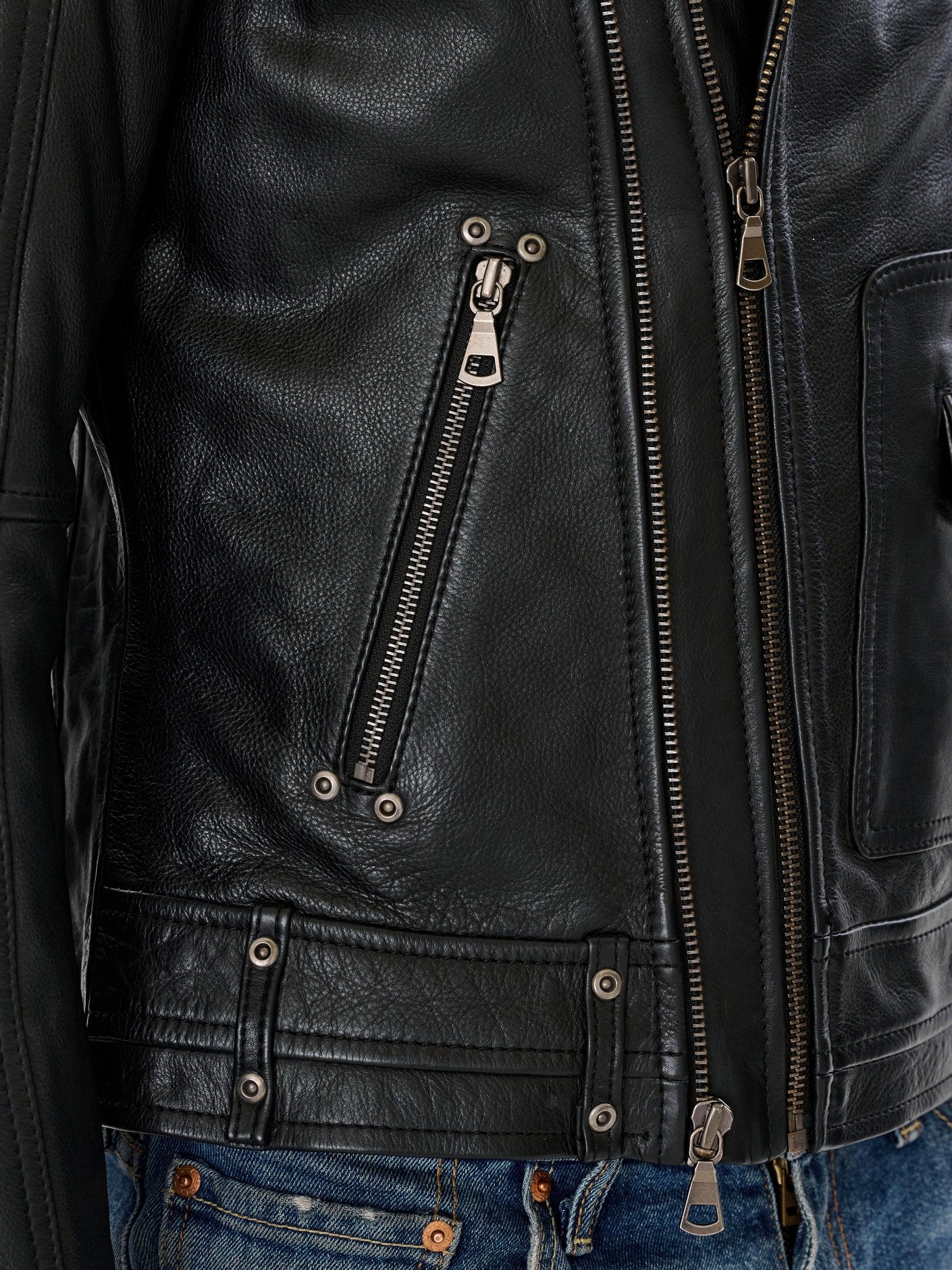 Black biker jacket front zip close up detail – DM Legend