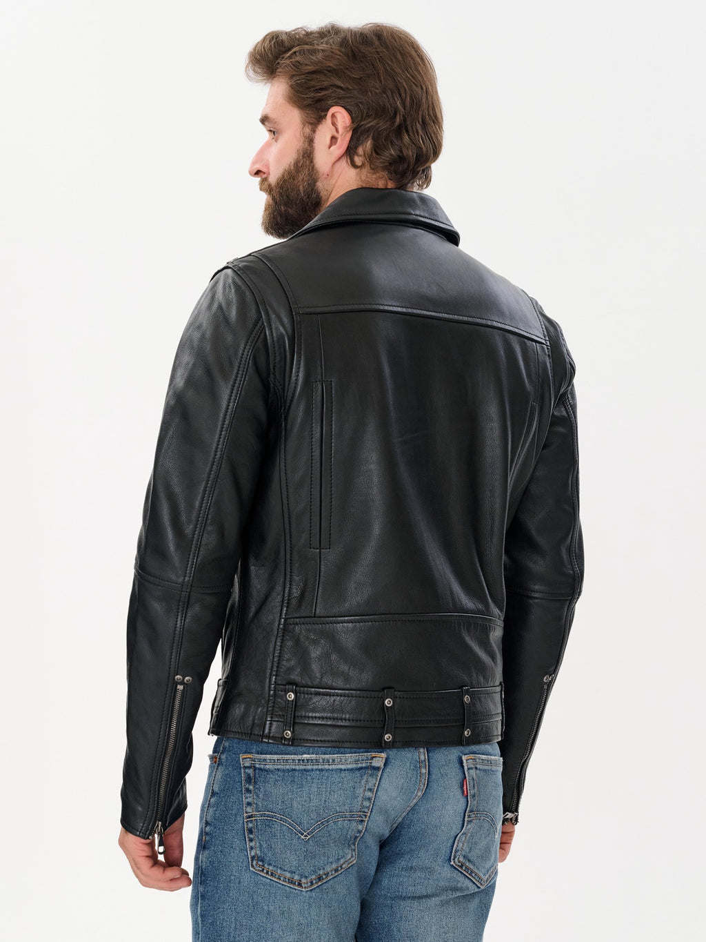 Men's biker black cow hide leather jacket back view – DM Legend