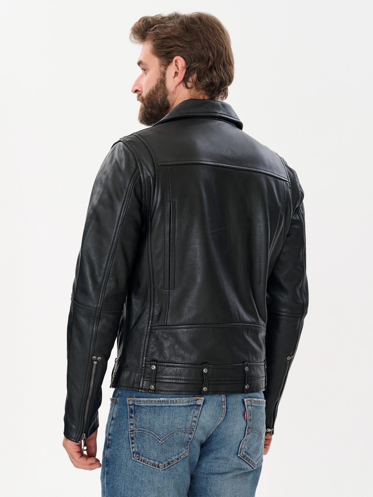 Men's biker black cow hide leather jacket back view – DM Legend