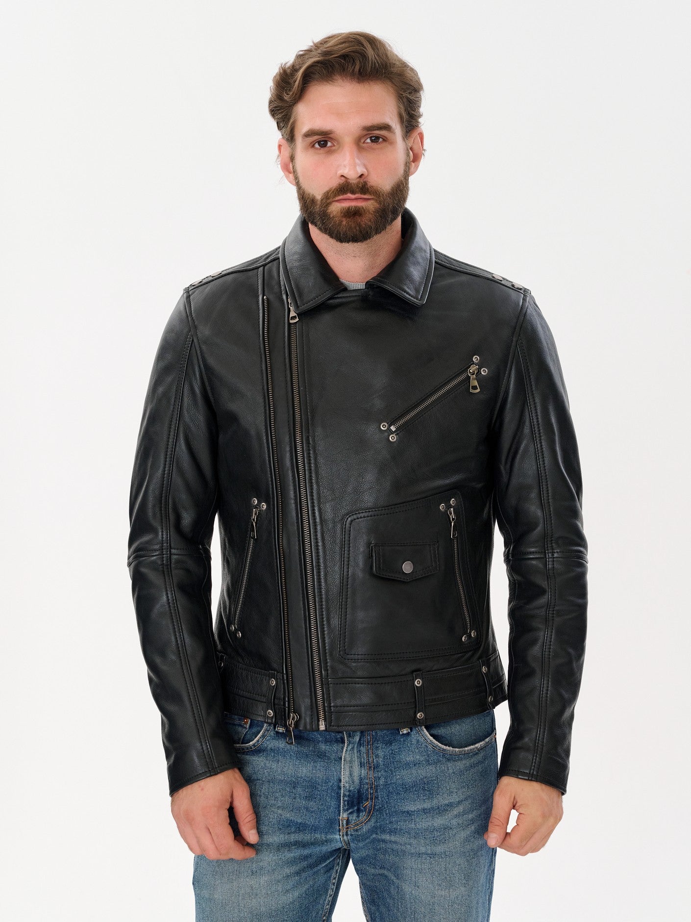 Men's biker black cow hide leather jacket 3/4 view – DM Legend