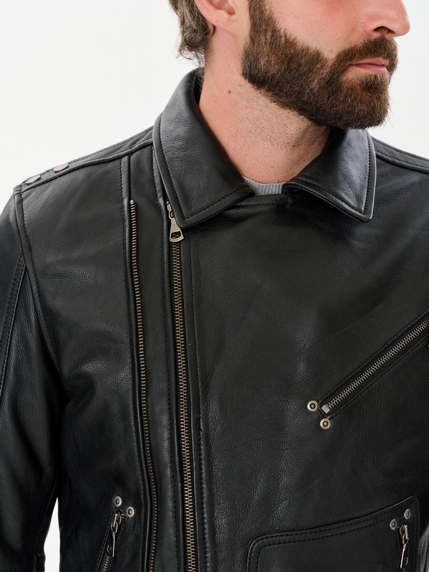 Man wearing DM Legend black biker cow hide jacket front – DM Legend