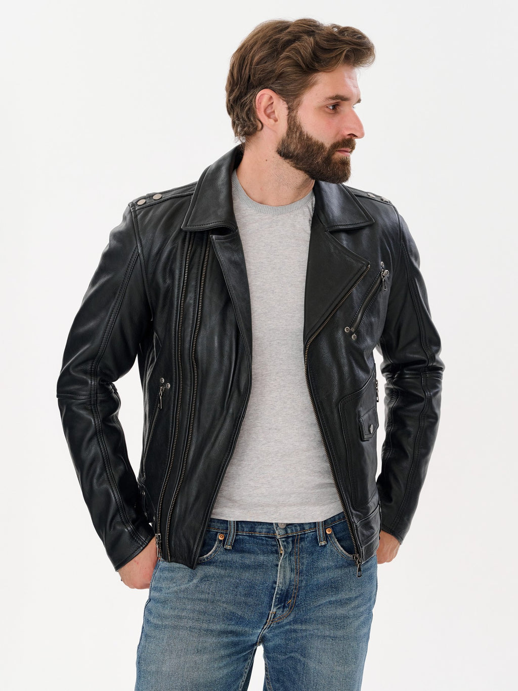 Men's biker black cow hide leather jacket lifestyle view – DM Legend