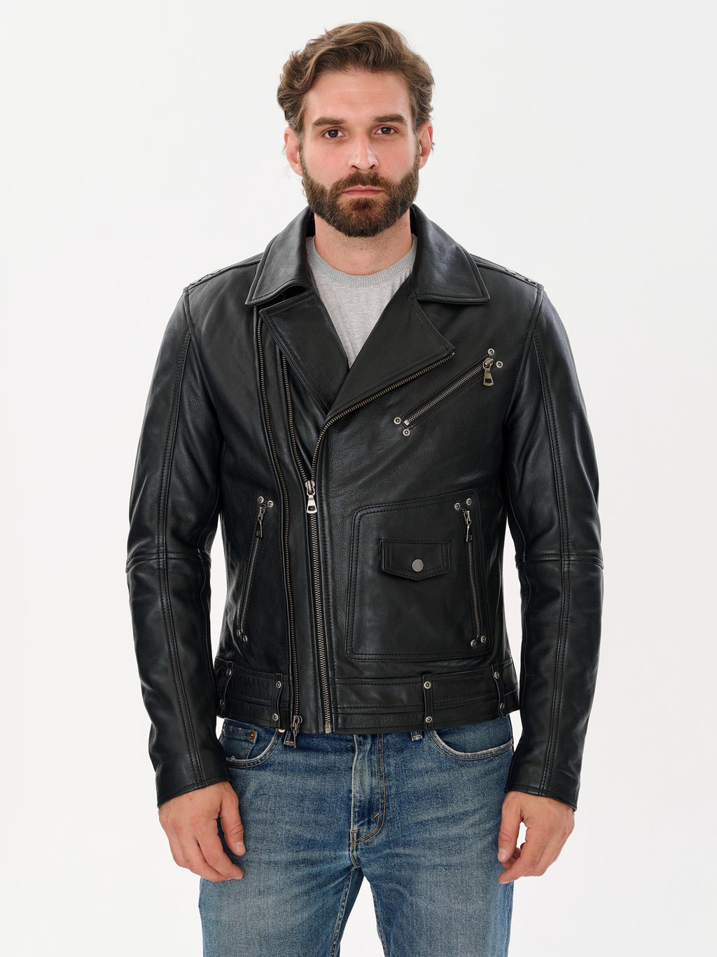 Men's biker black cow hide leather jacket front view – DM Legend