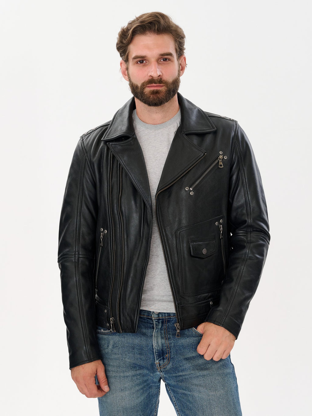 Men's black biker leather jacket lifestyle front view – DM Legend