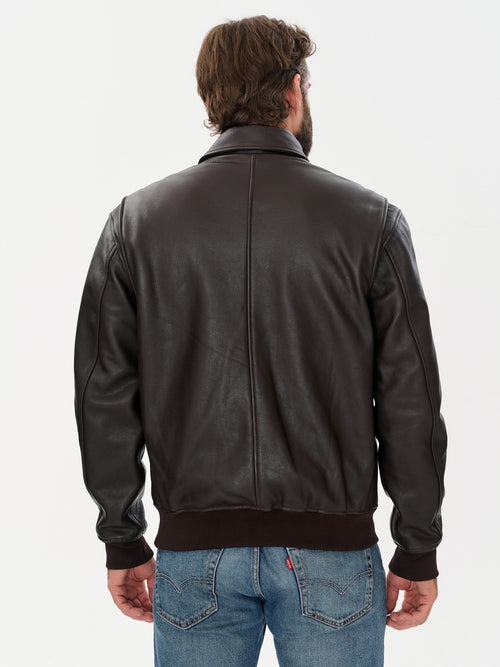 Men's cafe racer brown leather jacket back view – DM Legend