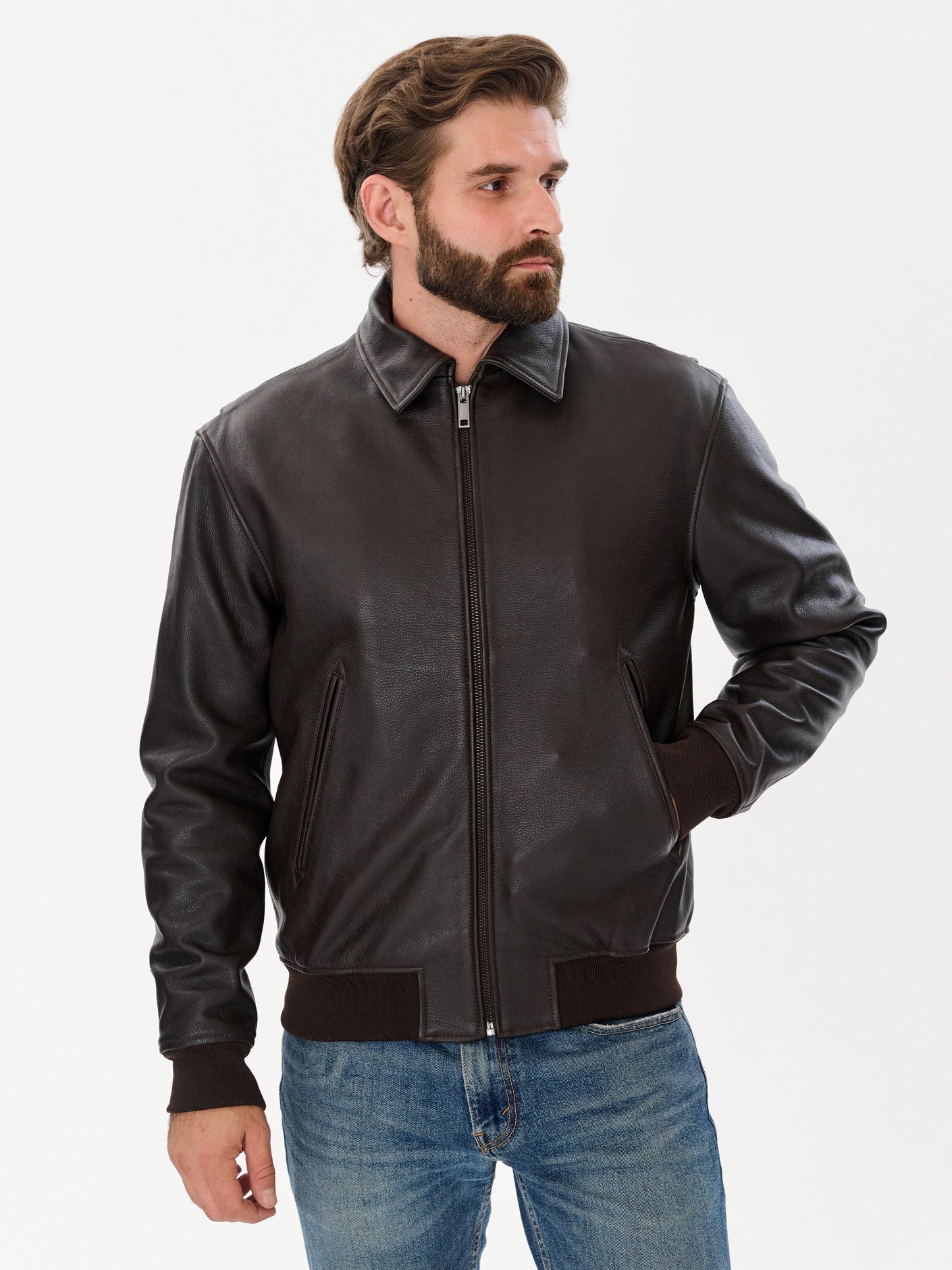 Man wearing DM Legend brown cafe racer leather jacket