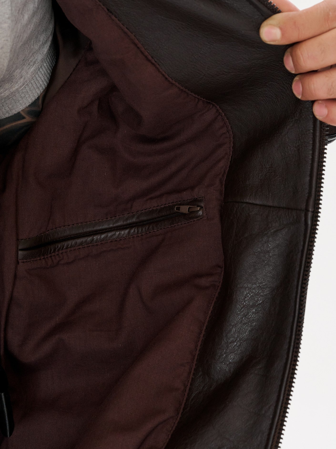 Brown cafe racer jacket inner lining detail – DM Legend