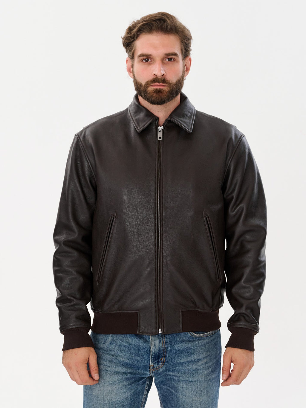 Men's cafe racer brown leather jacket front view – DM Legend