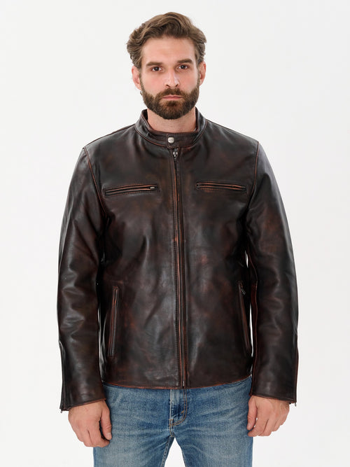 Men's distressed vintage brown leather jacket front view – DM Legend